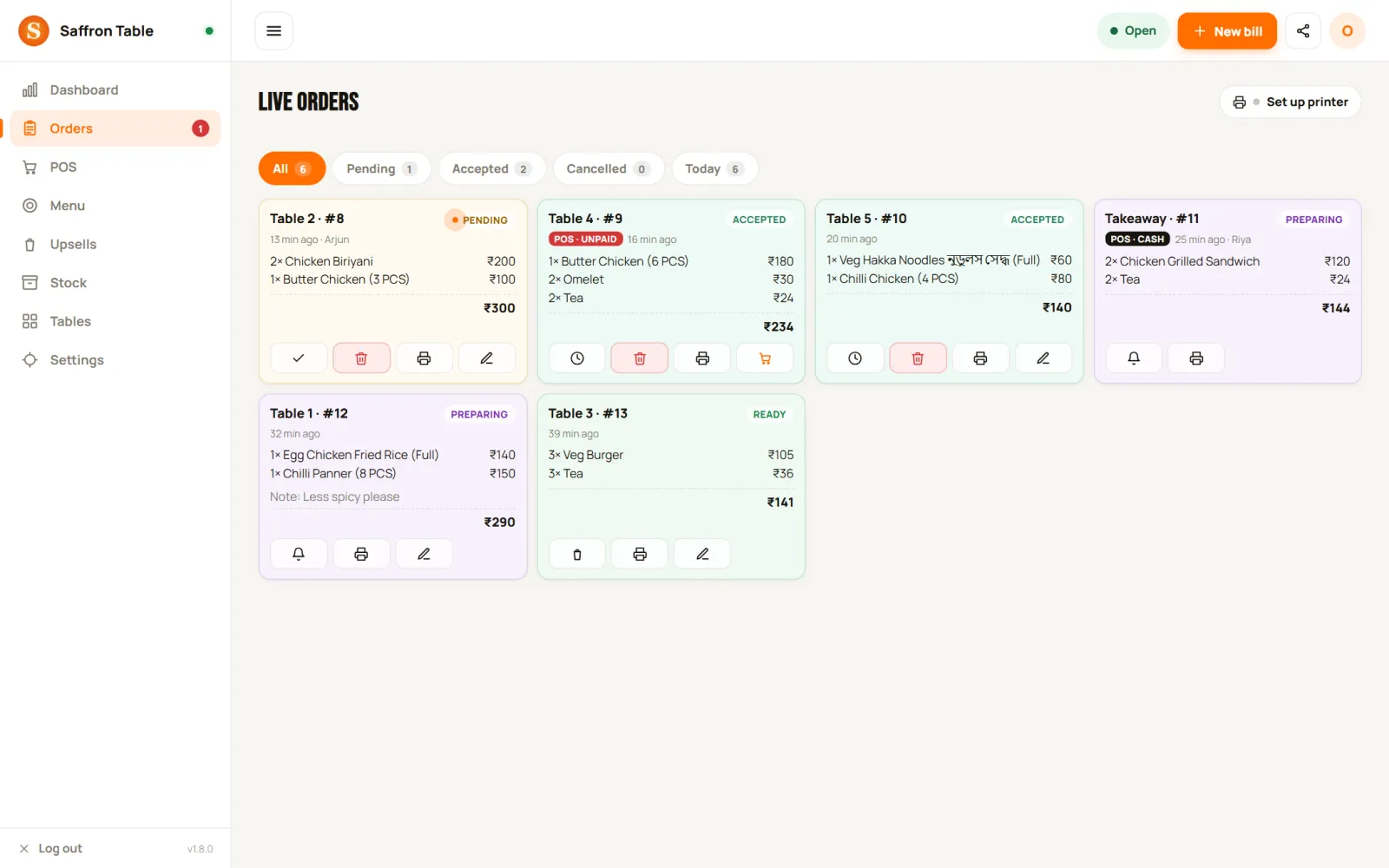 Live orders board