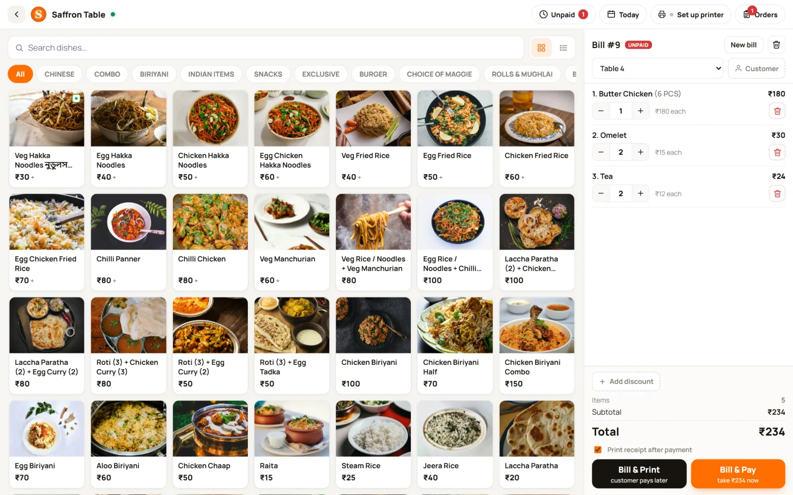 Counter billing (POS) screen